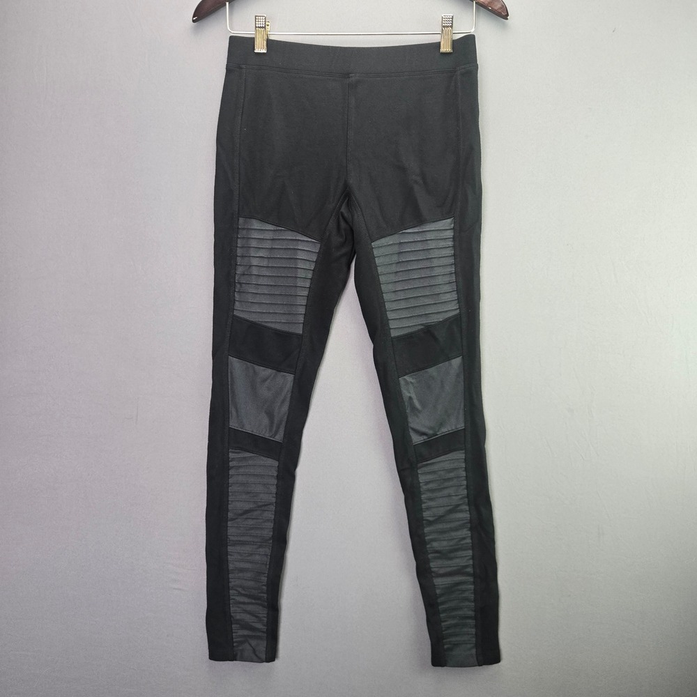 Moto Leggings Ribbed Panel Biker Pants Size S Black Grey Mid Rise Stretch 4021